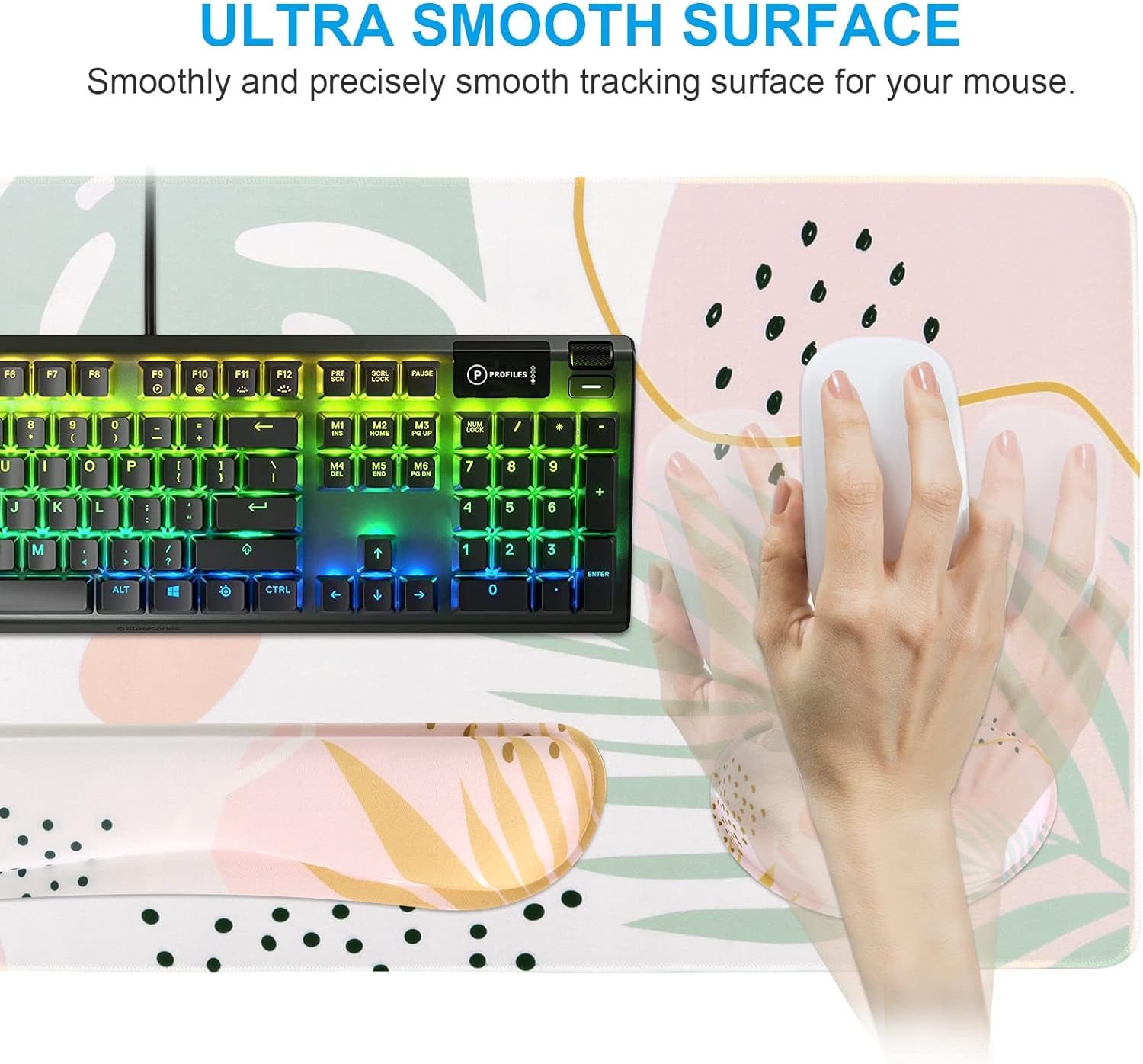 Gaming Mouse Pad Wrist Support Set, 3In1 Keyboard Wrist Rest Ergonomic Large Mouse Pad (35.4X15.7 In), Memory Foam, Easy Typing Pain Relief, XXL Desk Mat Pad for Computer Keyboard (Elm Leaf)