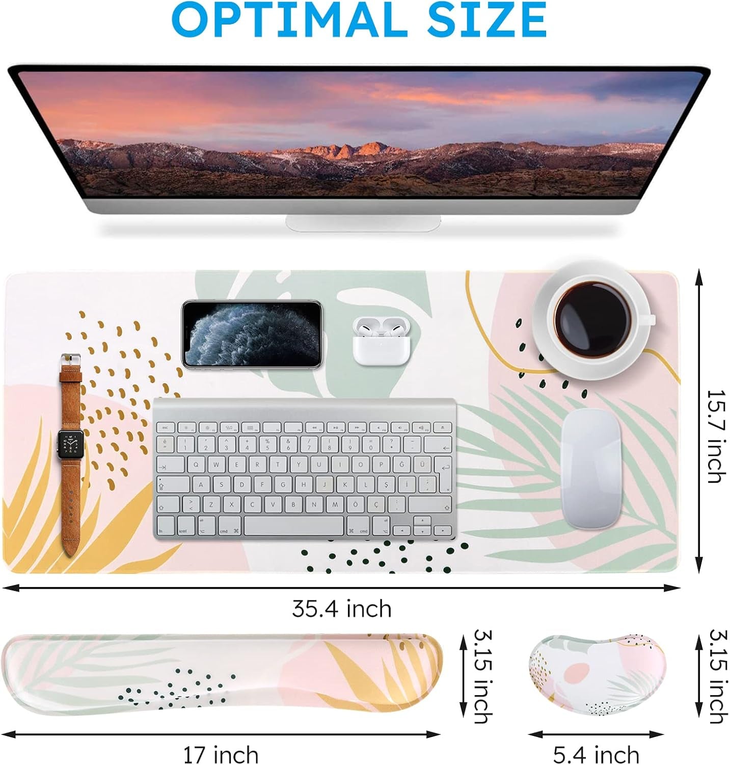 Gaming Mouse Pad Wrist Support Set, 3In1 Keyboard Wrist Rest Ergonomic Large Mouse Pad (35.4X15.7 In), Memory Foam, Easy Typing Pain Relief, XXL Desk Mat Pad for Computer Keyboard (Elm Leaf)