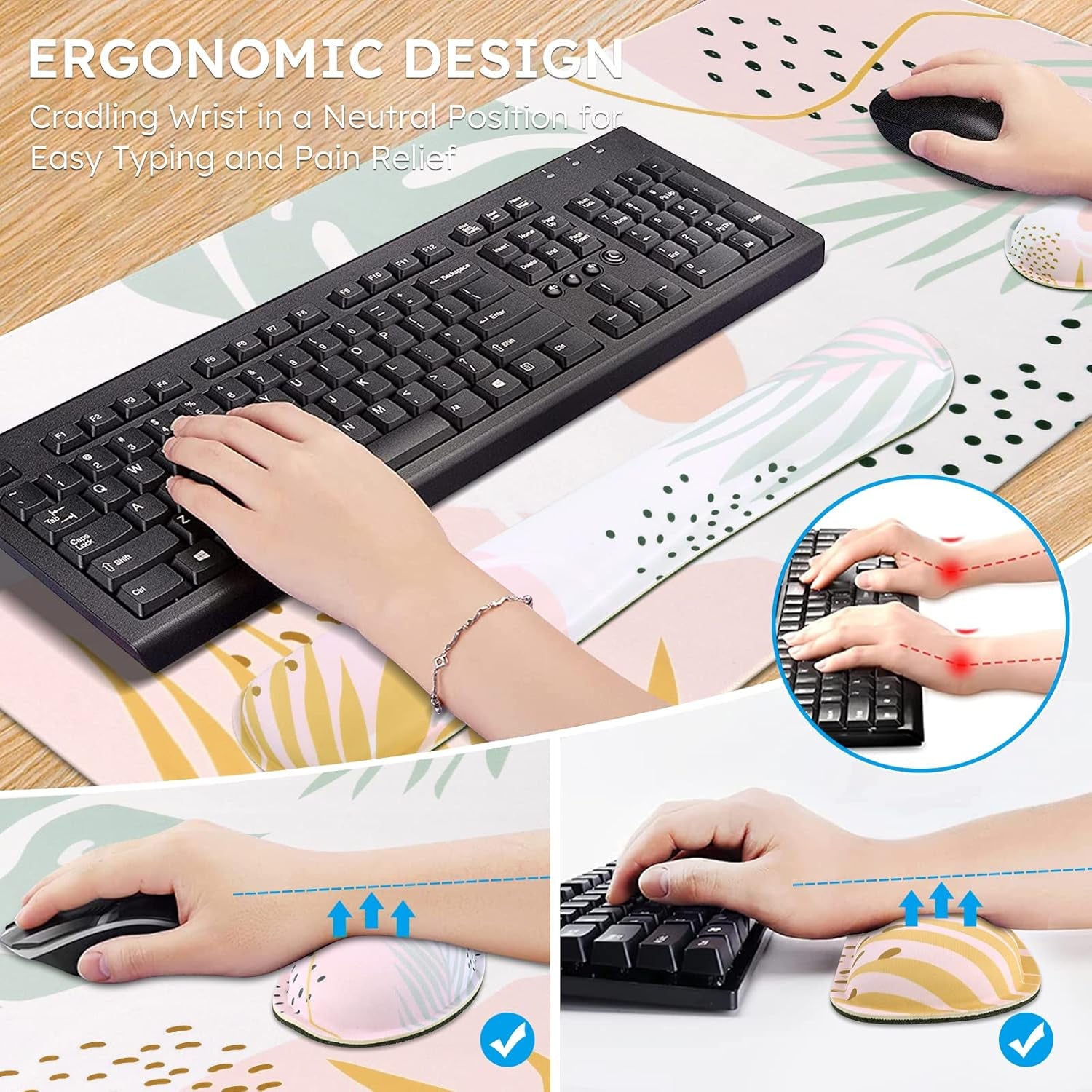 Gaming Mouse Pad Wrist Support Set, 3In1 Keyboard Wrist Rest Ergonomic Large Mouse Pad (35.4X15.7 In), Memory Foam, Easy Typing Pain Relief, XXL Desk Mat Pad for Computer Keyboard (Elm Leaf)