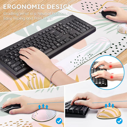 Gaming Mouse Pad Wrist Support Set, 3In1 Keyboard Wrist Rest Ergonomic Large Mouse Pad (35.4X15.7 In), Memory Foam, Easy Typing Pain Relief, XXL Desk Mat Pad for Computer Keyboard (Elm Leaf)